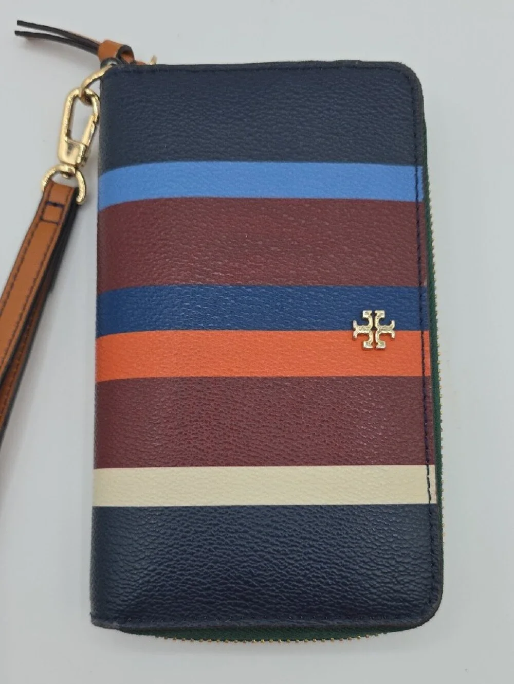 Tory Burch Navy Multicolor Stripe Zip Wristlet